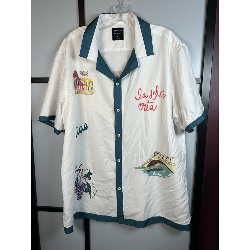 Triumph Tragedy Italian Vacation Graphic Resort Camp Shirt Off White Teal Mens L